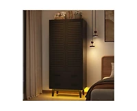 Slickblue Mid-Century Wardrobe Armoire with Louvered Doors, Drawers, and Hanging Rod