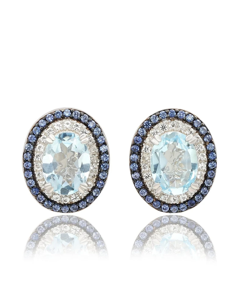 Suzy Levian Sterling Silver Oval Cut Topaz And Sapphire Double Halo Stud Earrings