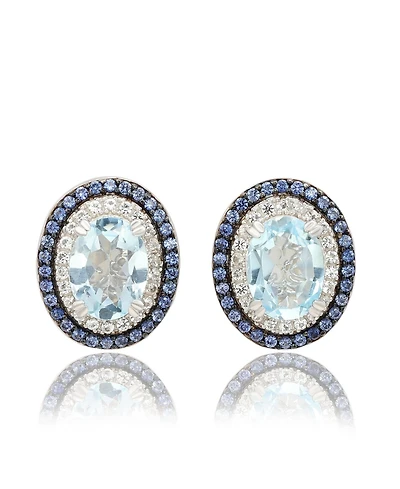 Suzy Levian Sterling Silver Oval Cut Topaz And Sapphire Double Halo Stud Earrings