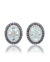 Suzy Levian Sterling Silver Oval Cut Topaz And Sapphire Double Halo Stud Earrings