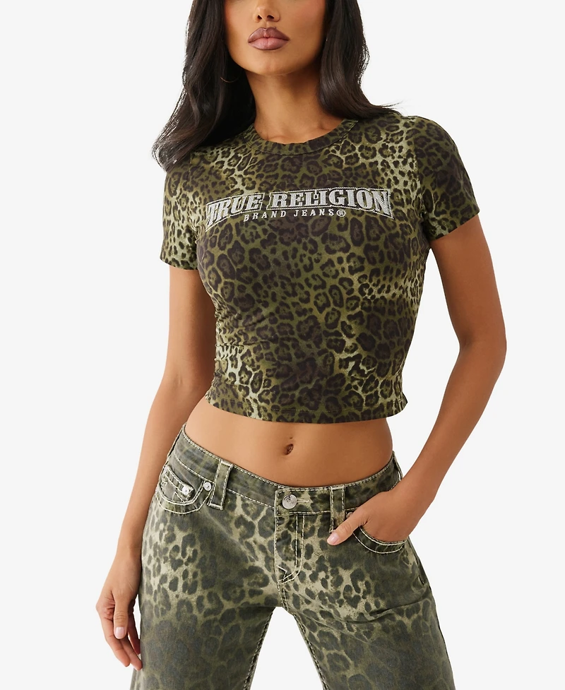 True Religion Women's Leopard Crystals Baby T-Shirt
