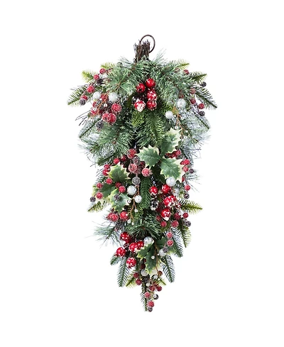 Glitzhome 28" Christmas Pomegranate Berry and Holy Leaf Teardrop