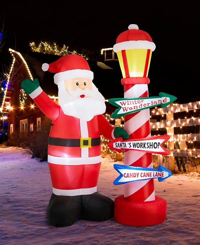 Glitzhome 7" Lighted Inflatable Santa with Lamp Post Sign Decor