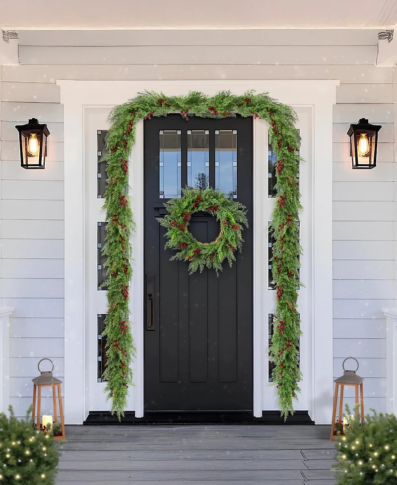 Glitzhome Christmas Greenery Dripping Cedar Wreath and Matched Garlands, Set of 3