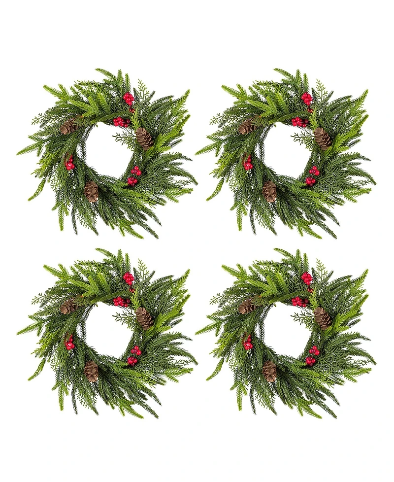 Glitzhome Christmas Mini Dripping Wreaths with Pinecones and Red Berries, Set of 4