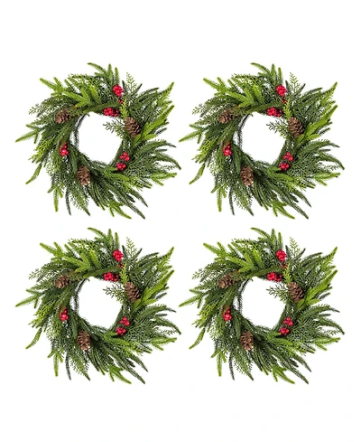 Glitzhome Christmas Mini Dripping Wreaths with Pinecones and Red Berries, Set of 4