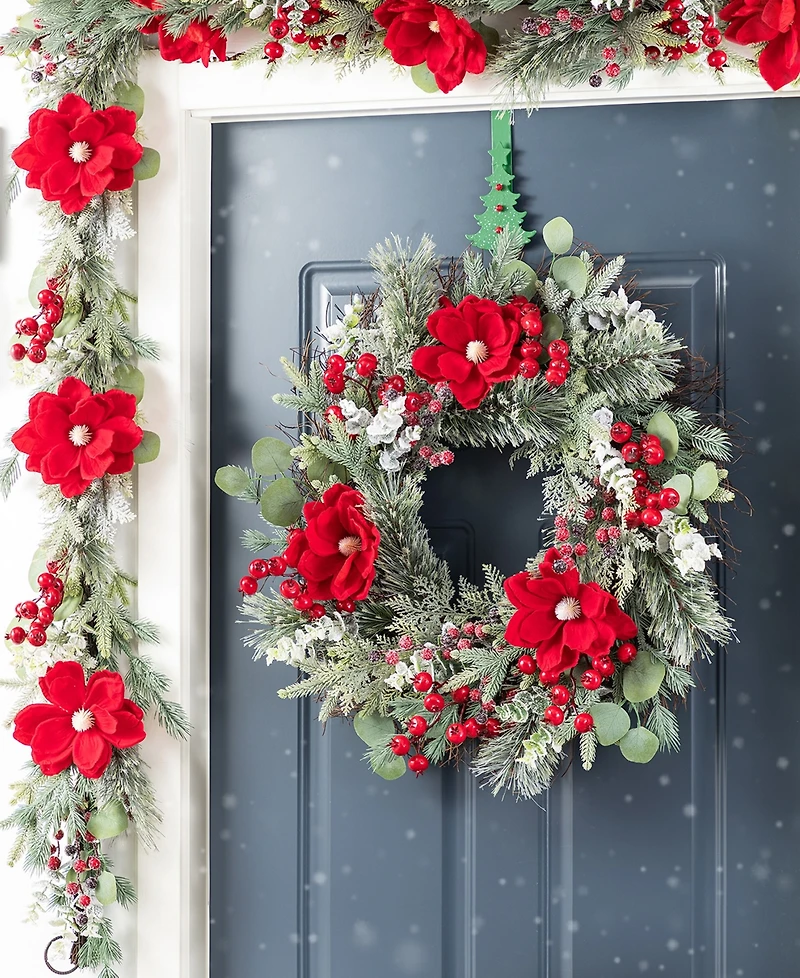 Glitzhome Christmas Mangnolia Berry Wreath and Matched Garlands, Set of 3