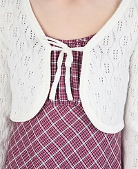 Rare Editions Big Girls 2-Piece Plaid Dress with Pointelle Tie Front Cardigan Set