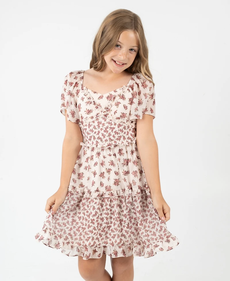 Rare Editions Big Girl 2-Piece Floral Chiffon Dress with Corduroy Jacket Set