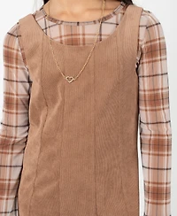Rare Editions Big Girl 2-Piece Corduroy Dress over Plaid Mesh Top with Necklace Set