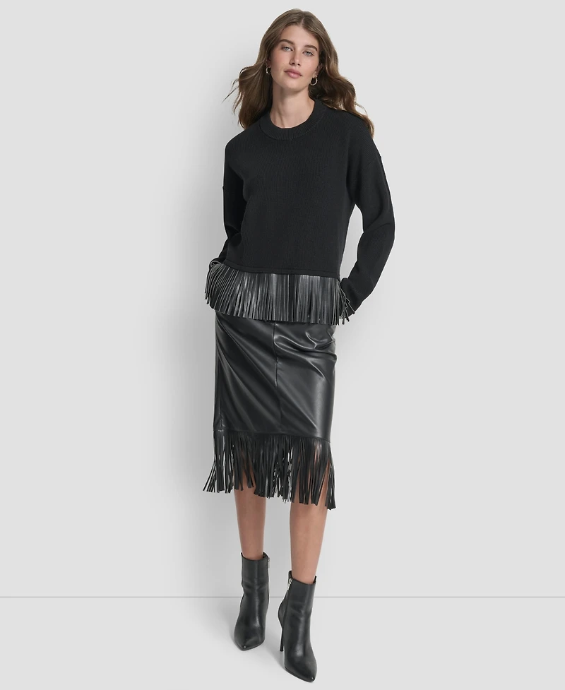 Dkny Women's Long Sleeve Fringe Hem Sweater