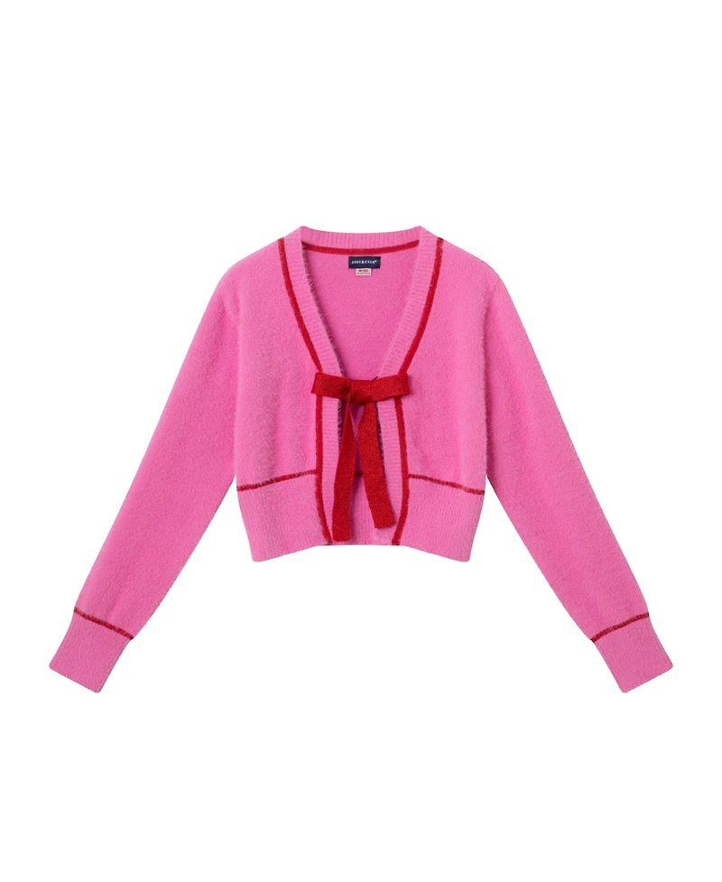 Andy & Evan Child Girls Pink Eyelash Cardigan Sweater w/Red Satin Bow