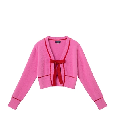 Andy & Evan Child Girls Pink Eyelash Cardigan Sweater w/Red Satin Bow