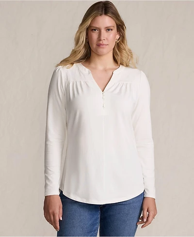 Lands' End Women's Long Sleeve Lightweight Jersey Notch Neck Tunic Top