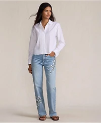 Lands' End Women's Soft Denim Mid Rise Relaxed Straight Leg Embroidered Jeans