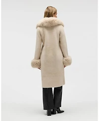 Nvlt Women's Longline Elegant Coatigan with Detachable Fur Collar and Cuffs