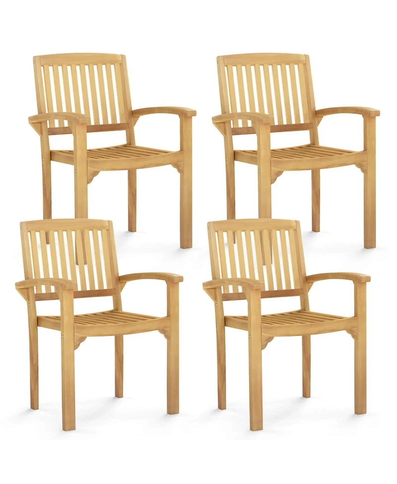 Costway Outdoor Patio Chair Teak Wood Armchair with Slatted Seat & Curved Seat