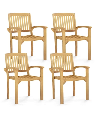 Costway Outdoor Patio Chair Teak Wood Armchair with Slatted Seat & Curved Seat