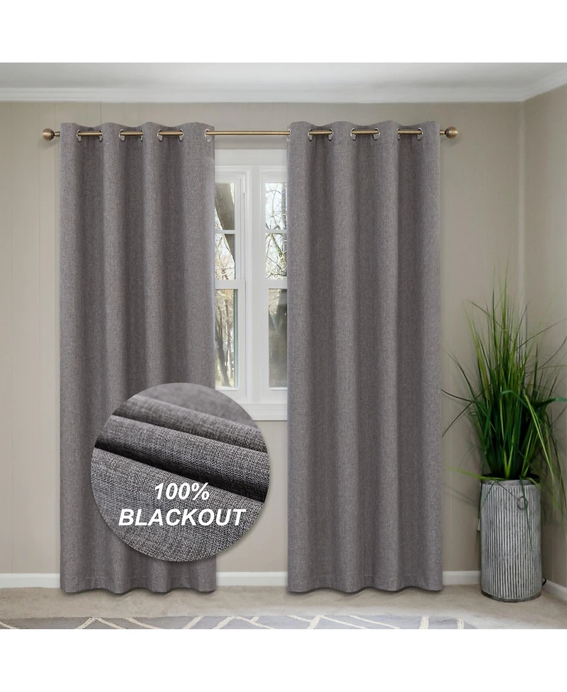100% Blackout Linen Texture Curtains with Grommet Top, 2 Panels