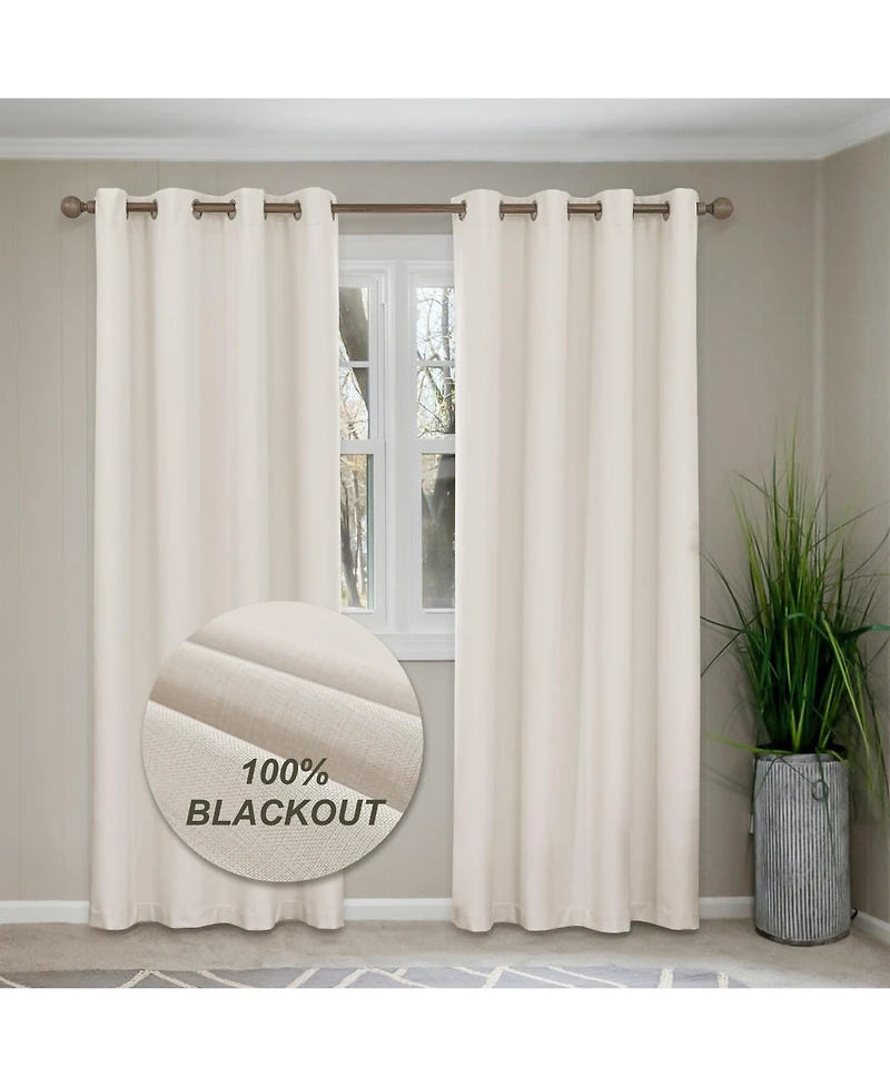 100% Blackout Linen Texture Curtains with Grommet Top, 2 Panels