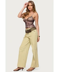 Edikted Womens Embroidered Asymmetric Printed Mesh Top