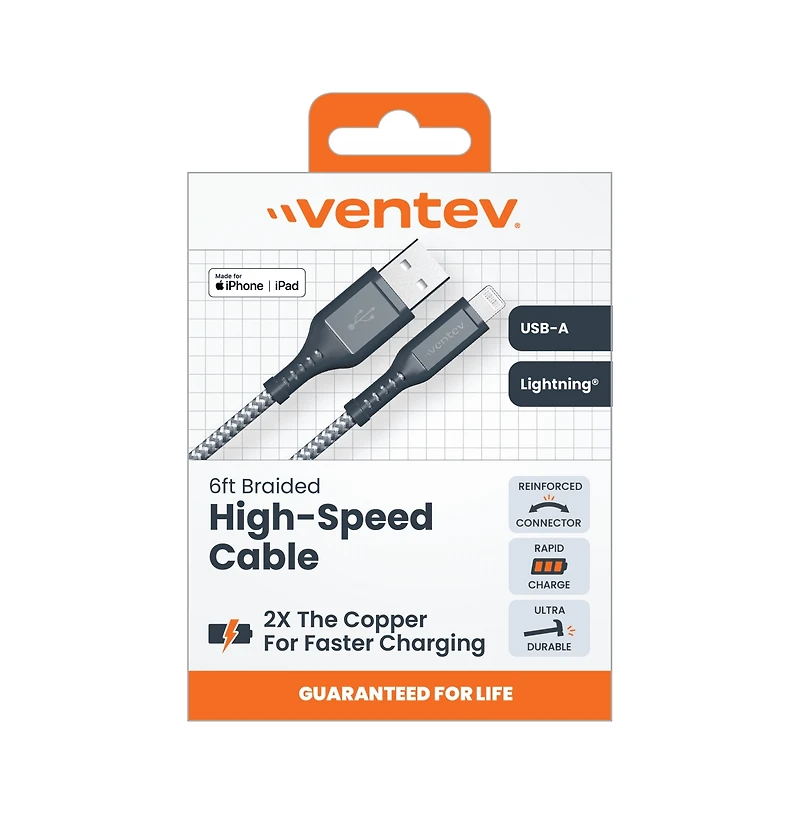 Ventev Braided Usb A to Apple Lightning High Speed 6 Foot Cable-Gray