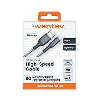 Ventev Braided Usb A to Apple Lightning High Speed 6 Foot Cable-Gray