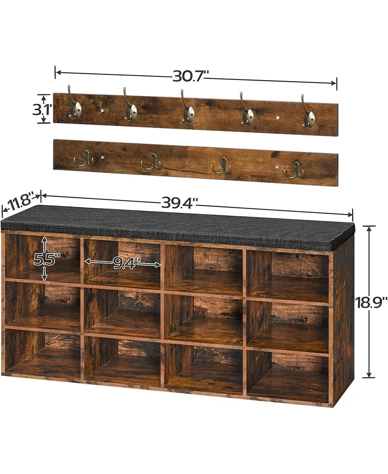 Shoe Storage Bench with Cushion, 39.4" L Entryway Bench with 12 Cubbies, Entryway Hall Tree with Storage, Shoe Cabinet with Coat Rack for Bedroom