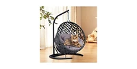 Gray Rattan Cat Swing Bed with Stand and Cushion for Indoor and Outdoor Use