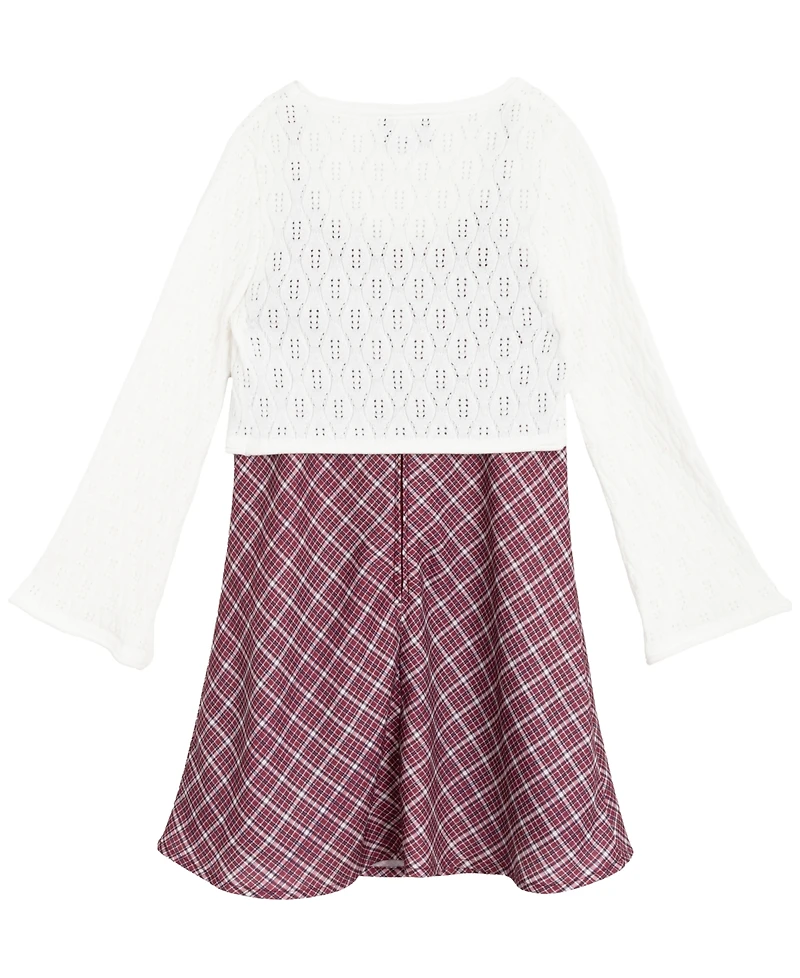 Rare Editions Big Girls 2-Piece Plaid Dress with Pointelle Tie Front Cardigan Set