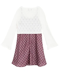 Rare Editions Big Girls 2-Piece Plaid Dress with Pointelle Tie Front Cardigan Set
