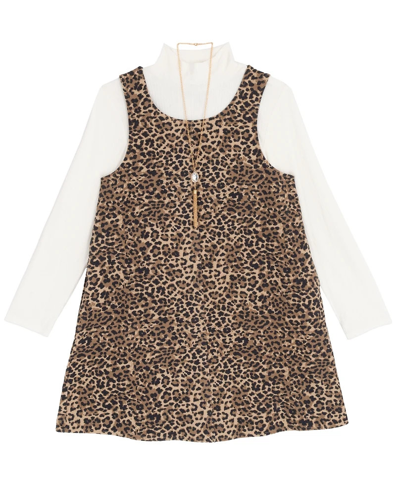 Rare Editions Big Girl 2-Piece Denim Animal Printed Dress over Ribbed T-Shirt with Necklace Set