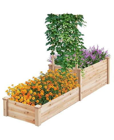 Gymax Raised Garden Bed w/ 2 Planter Boxes & Trellis Outdoor Wooden Planter Box Kit for Sapling