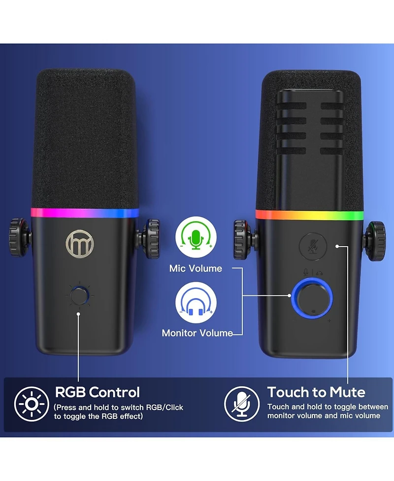 Xlr/Usb Dynamic Microphone for Gaming Podcast,Mic for iPhone Phone Pc Computer Gaming Streaming Microphone with Rgb Light,Mute Button,Mic Gain,Headpho