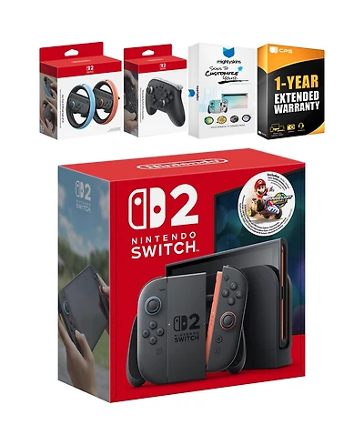 Nintendo Switch 2 Mario Kart World Bundle with Pro Controller, Joy Con Wheel, MightySkins Code and 1 Cps Year Extended Warranty