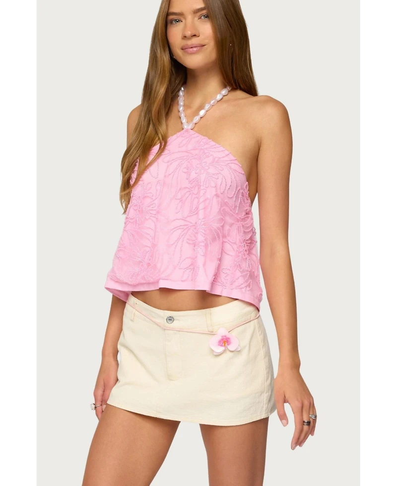 Edikted Women's Ayva Embroidered Floral Bead Halter Top