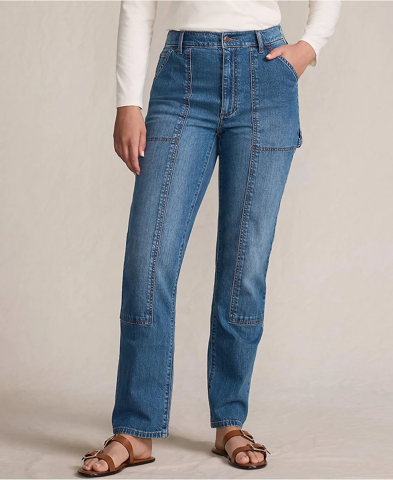 Lands' End Women's Petite Soft Denim High Rise Rail Straight Leg Utility Jeans