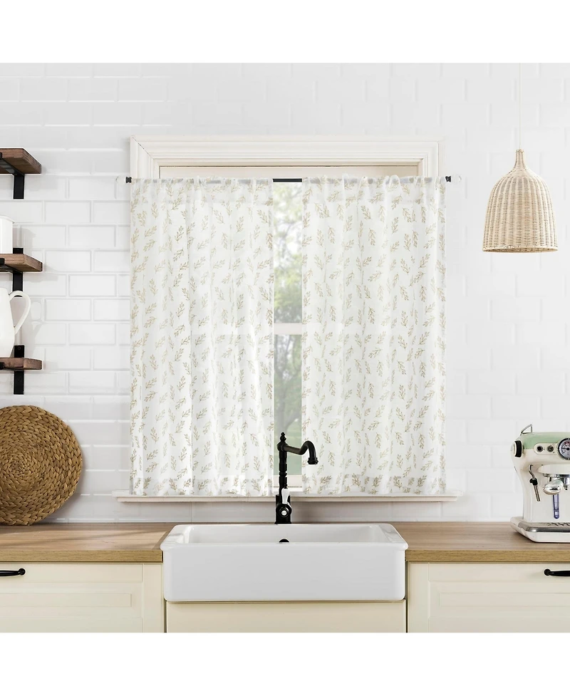 No. 918 Hollis Floral Leaf Sheer Rod Pocket Kitchen Curtain Tier Pair