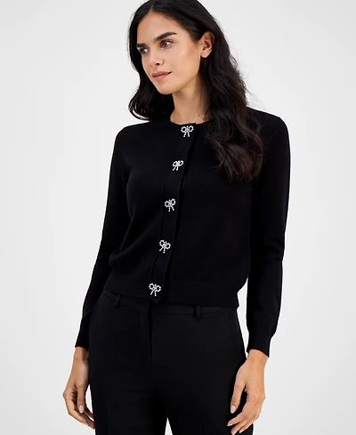 Ak Anne Klein Petite Round-Neck Embellished-Bow Cardigan Sweater