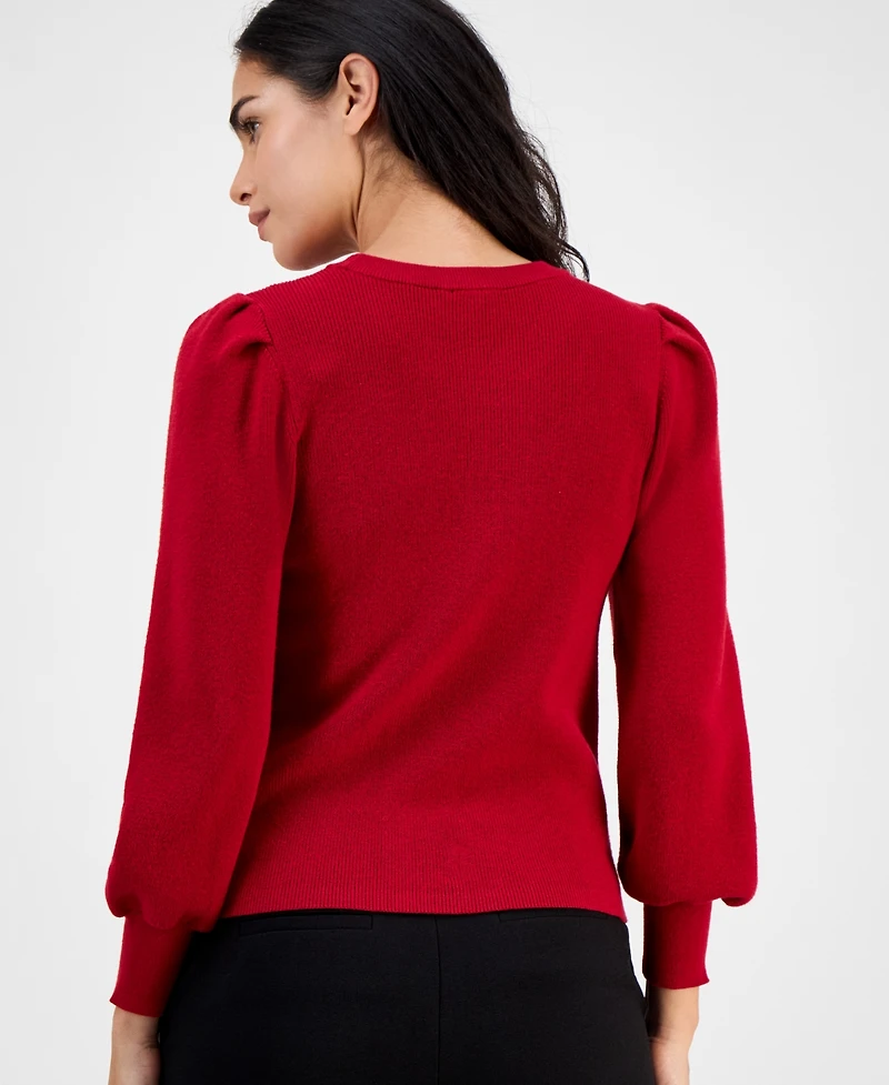 Ak Anne Klein Petite Crewneck Long-Puff-Sleeve Sweater
