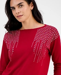 Ak Anne Klein Petite Embellished Boat-Neck Long-Sleeve Top