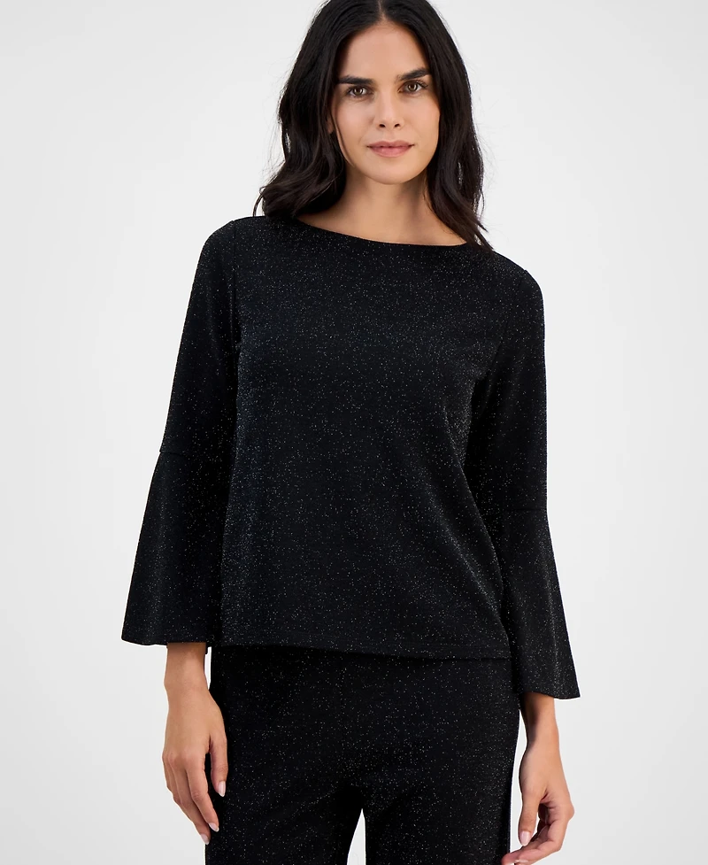 Ak Anne Klein Petite Boat-Neck Long-Bell-Sleeve Top