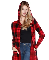 Belldini Women's Hooded Checkered Plaid Coatigan Sweater