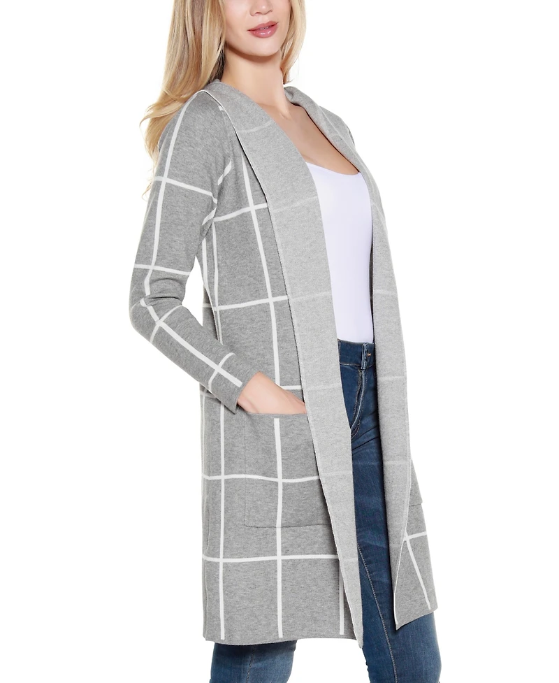 Belldini Women's Hooded Windowpane Plaid Coatigan Sweater