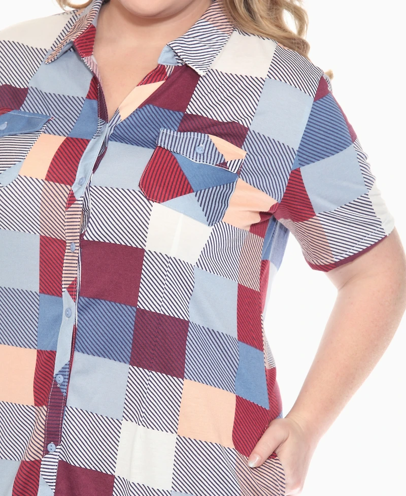 White Mark Plus Short Sleeve Plaid Button-Down Shirt Dress