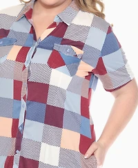 White Mark Plus Short Sleeve Plaid Button-Down Shirt Dress