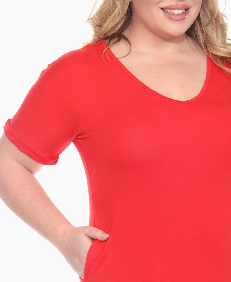 White Mark Plus V-Neck Folded Sleeves and Pockets Knee-Length Dress