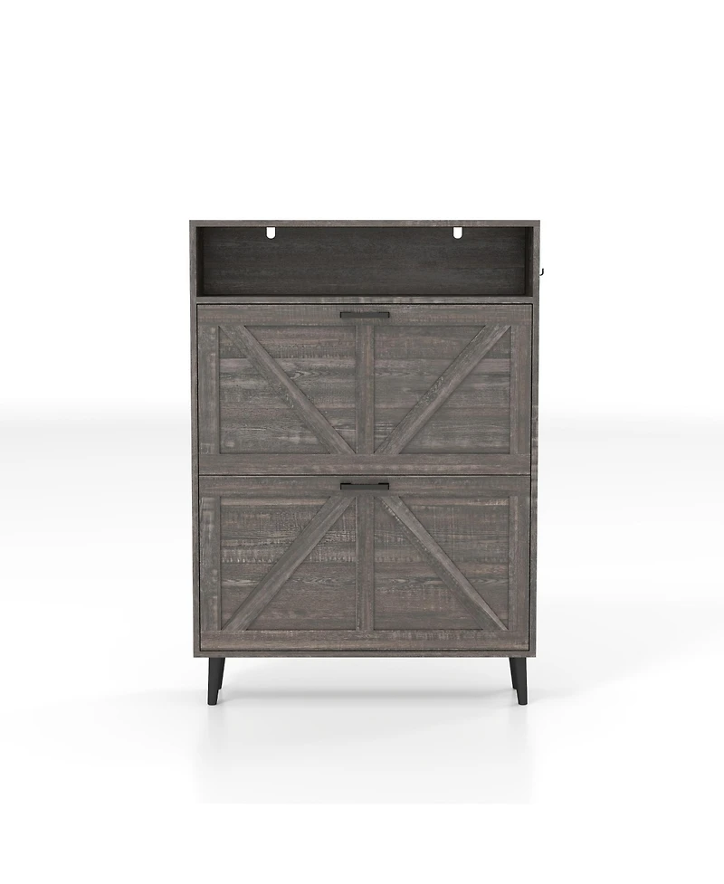Farmhouse Shoe Storage Cabinet with Barn Door Design, Shoe Organizer with 2 Flip Drawers, Freestanding Narrow Shoe Rack Cabinet