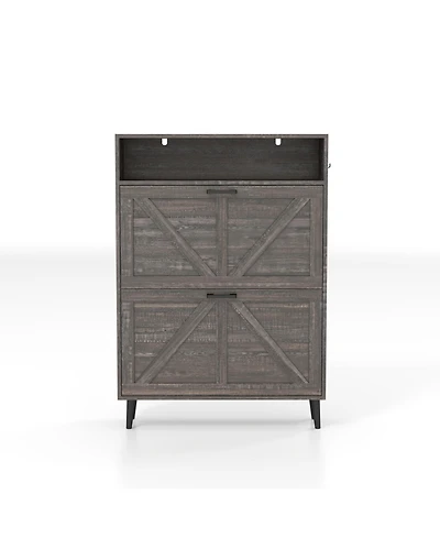 Farmhouse Shoe Storage Cabinet with Barn Door Design, Shoe Organizer with 2 Flip Drawers, Freestanding Narrow Shoe Rack Cabinet