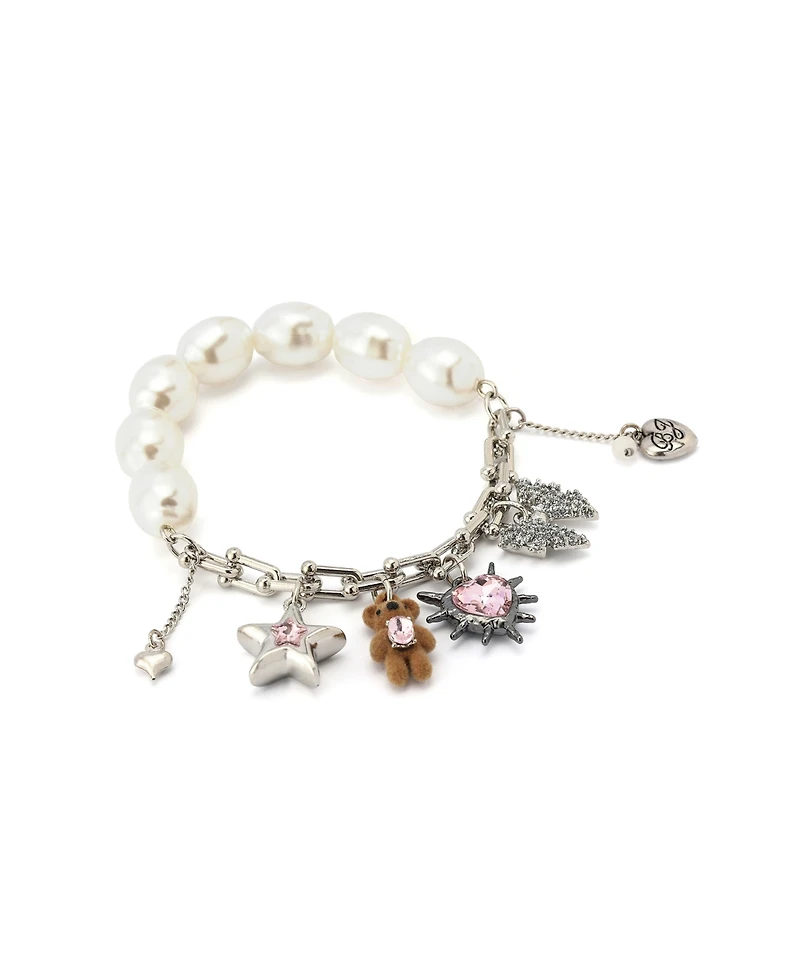 Betsey Johnson Faux Stone Teddy Bead Charm Cultivated Pearl Stretch Bracelet